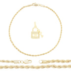 Lock 2 Pendant 14K Anklet Gold Filled Cubic Zirconia Charm Rope Chain Set 10" Women Jewelry