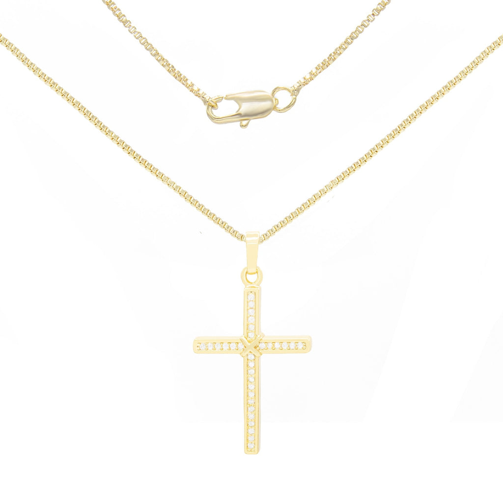 Thin Cross Cubic Zirconia Pendant With Necklace Set 14K Gold Filled