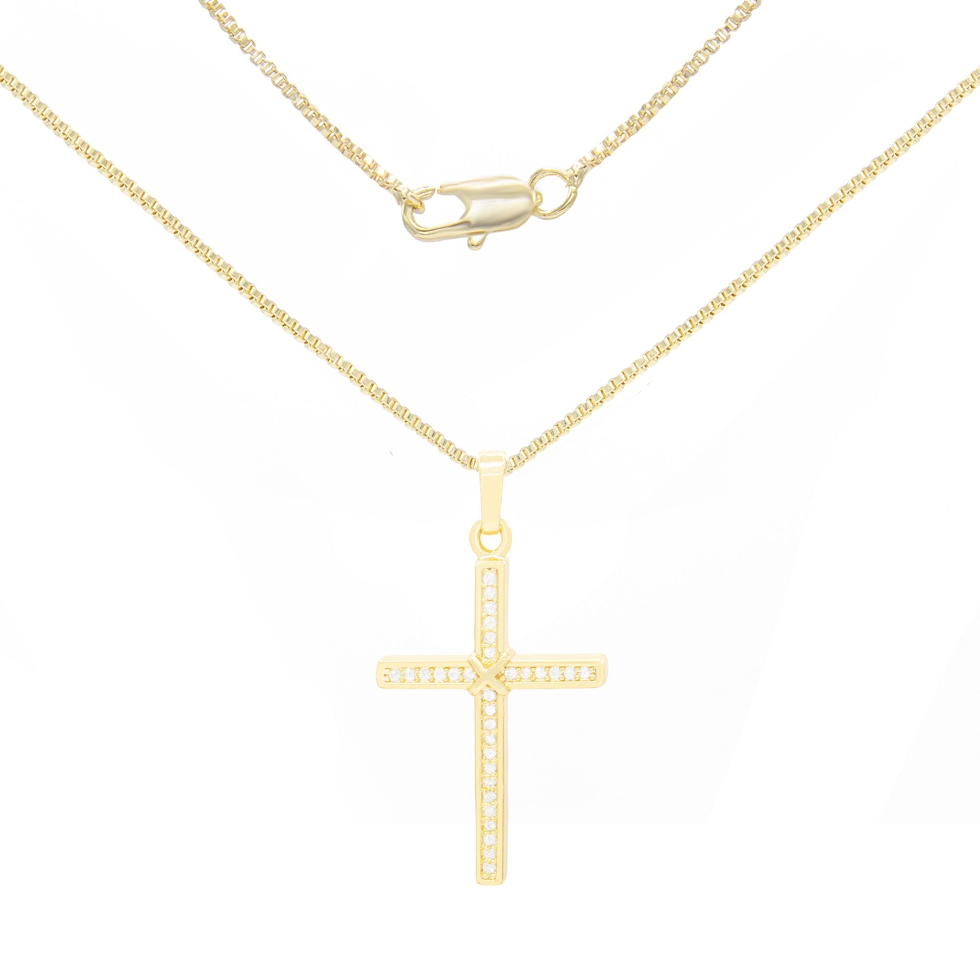 Thin Cross Cubic Zirconia Pendant With Necklace Set 14K Gold Filled