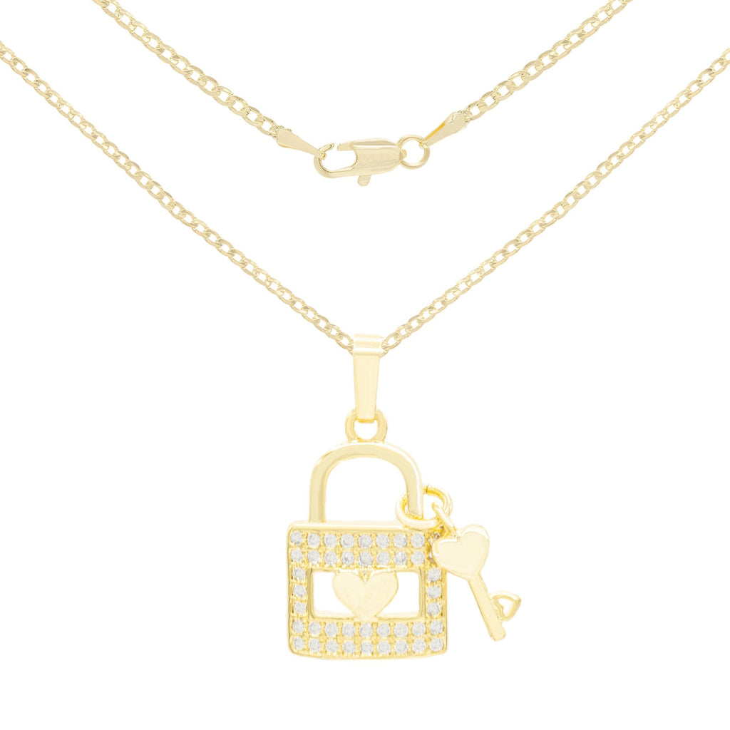 Cubic Zirconia 14K Gold Filled Lock Heart Key Pendant Necklace Set