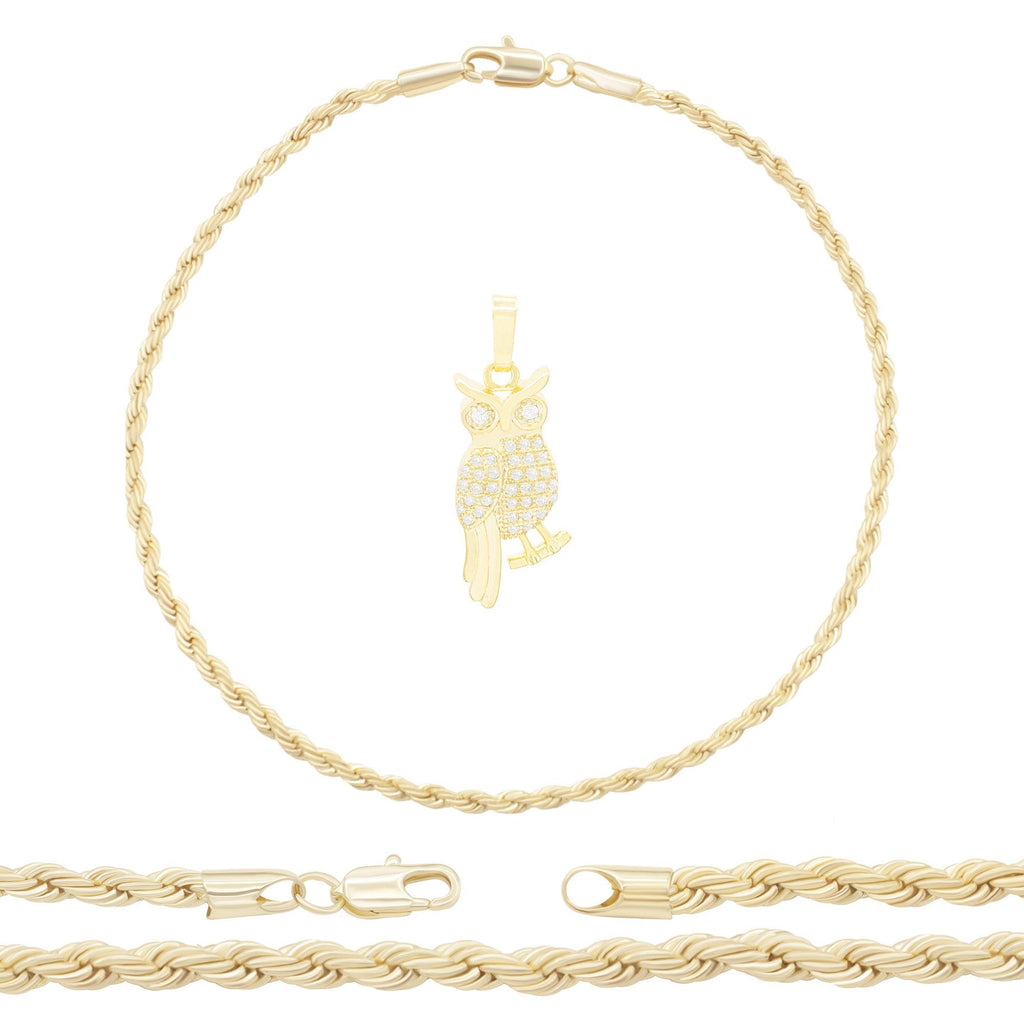 Owl Pendant 14K Anklet Gold Filled Cubic Zirconia Charm Rope Chain Set 10" WomenJewelry
