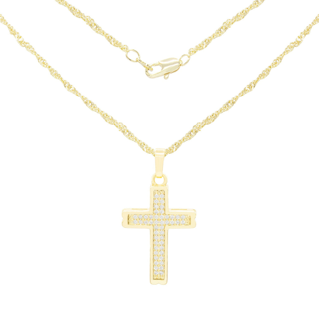 CZ Stone Bordered Cross Cubic Zirconia Pendant With Necklace Set 14K Gold Filled