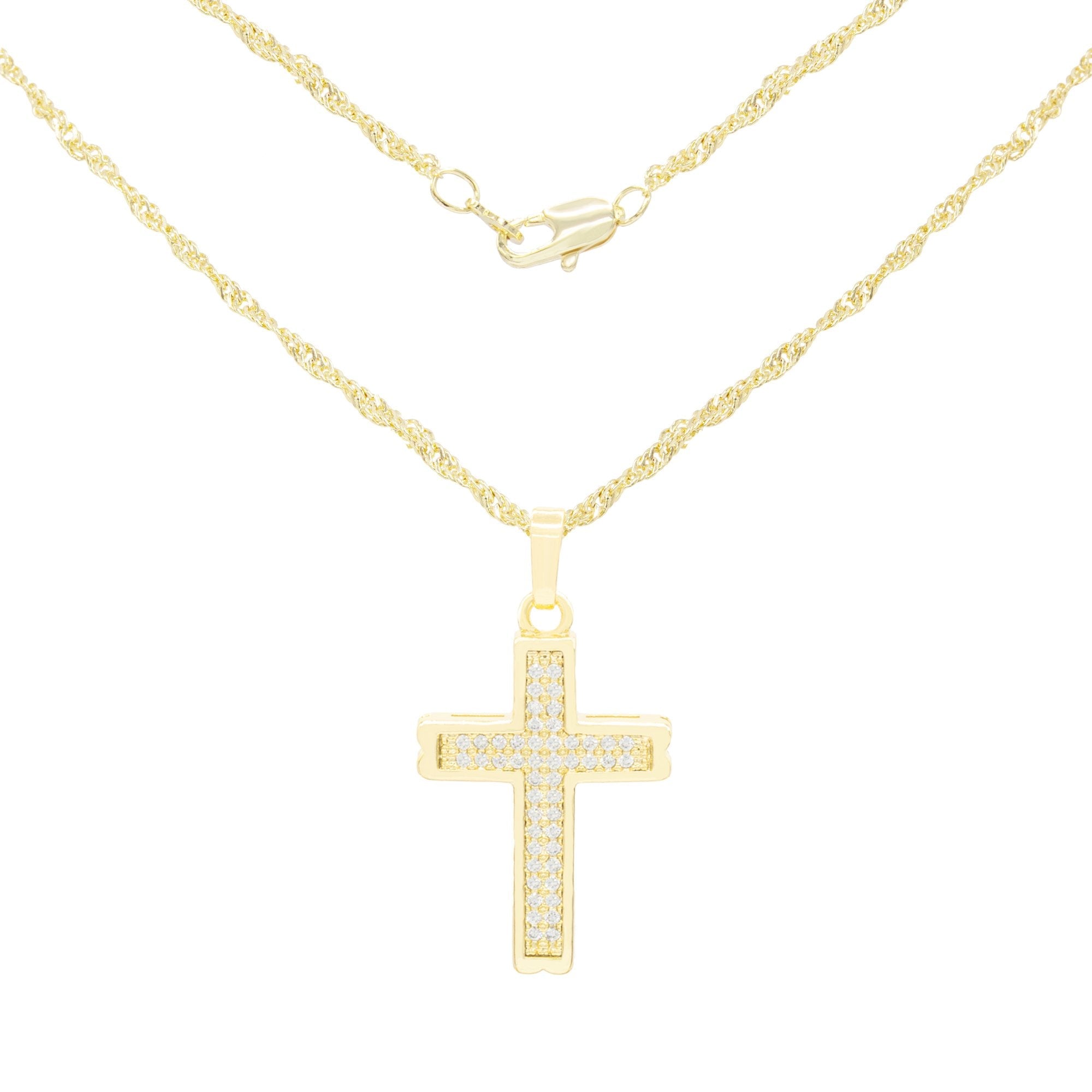 CZ Stone Bordered Cross Cubic Zirconia Pendant With Necklace Set 14K Gold Filled