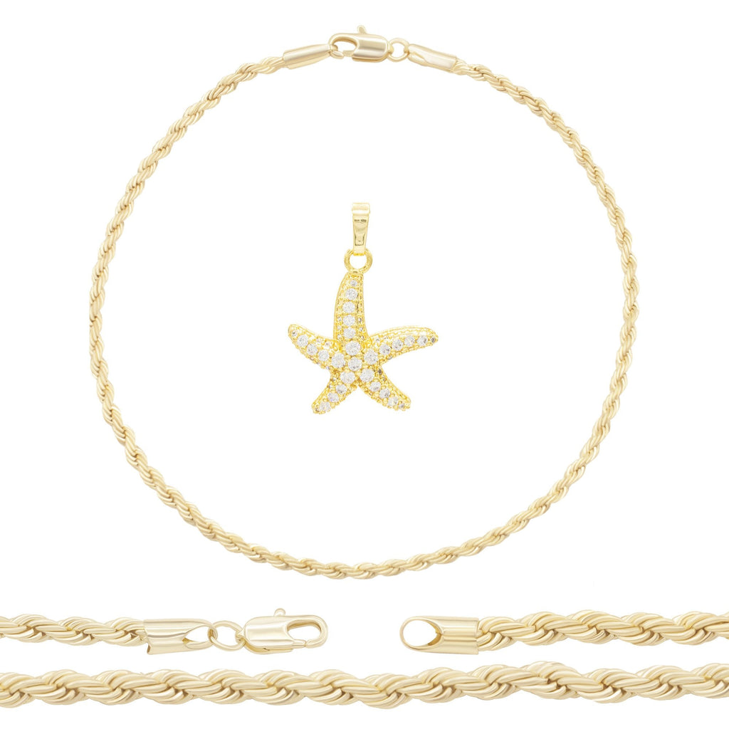 Starfish Pendant 14K Anklet Gold Filled Cubic Zirconia Charm Rope Chain Set 10" WomenJewelry