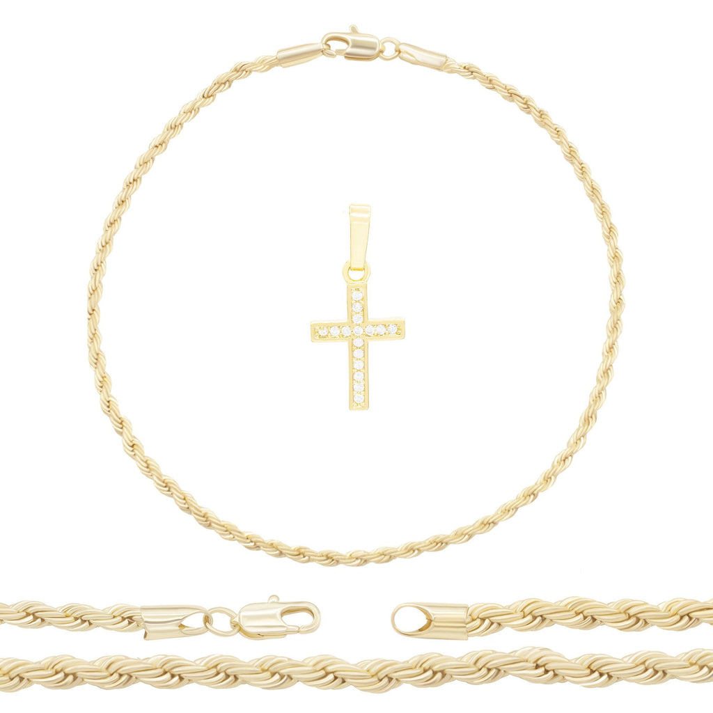 Cross Pendant 14K Anklet Gold Filled Cubic Zirconia Charm Rope Chain Set 10" Women Jewelry