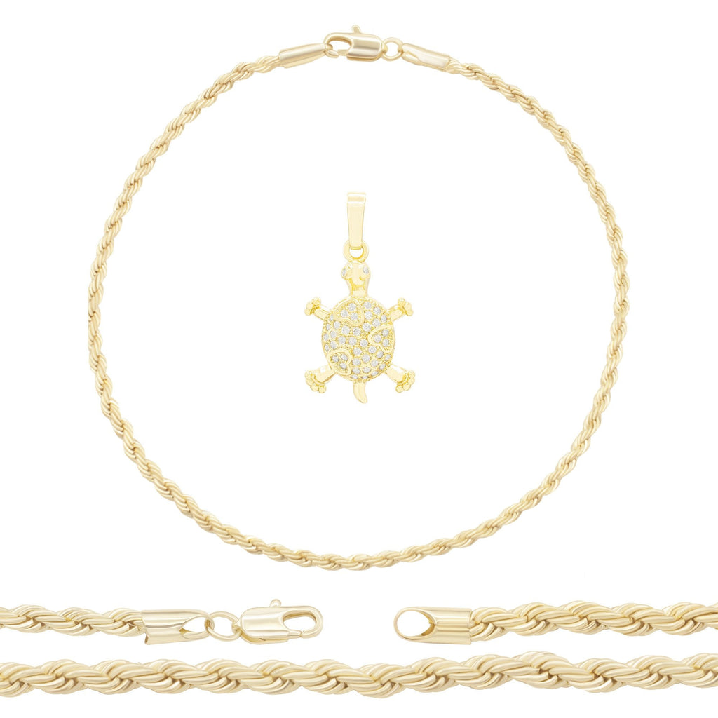 Turtle Pendant 14K Anklet Gold Filled Cubic Zirconia Charm Rope Chain Set 10" WomenJewelry