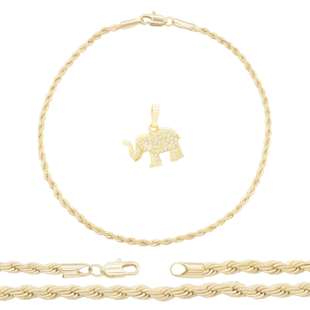 Elephant Pendant 14K Gold Filled Rope Anklet 2.4 mm Chain 10" Jewelry for Teen Female Brass