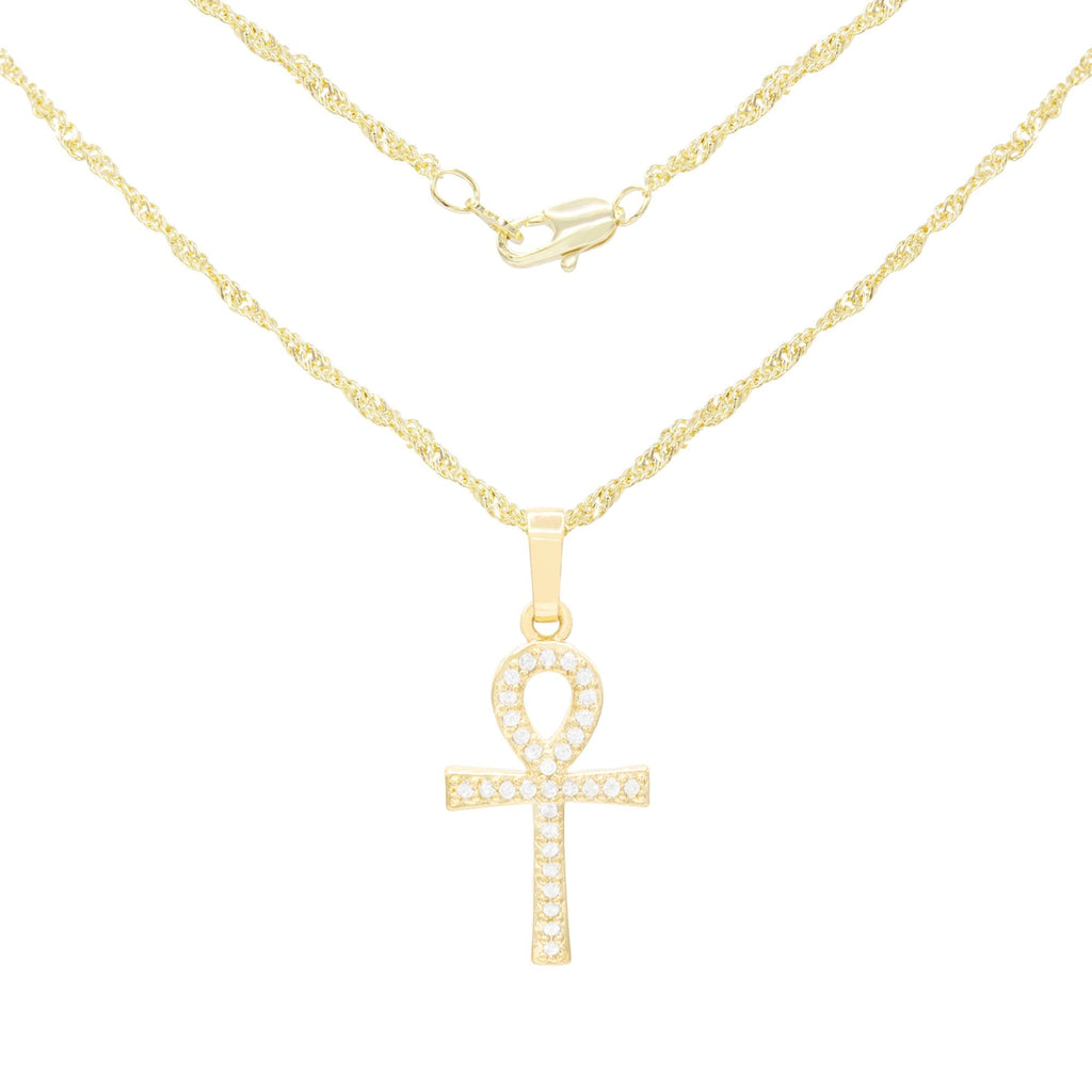 Ankh Cross Cubic Zirconia 14K Gold Filled Copper Pendant With Necklace Set
