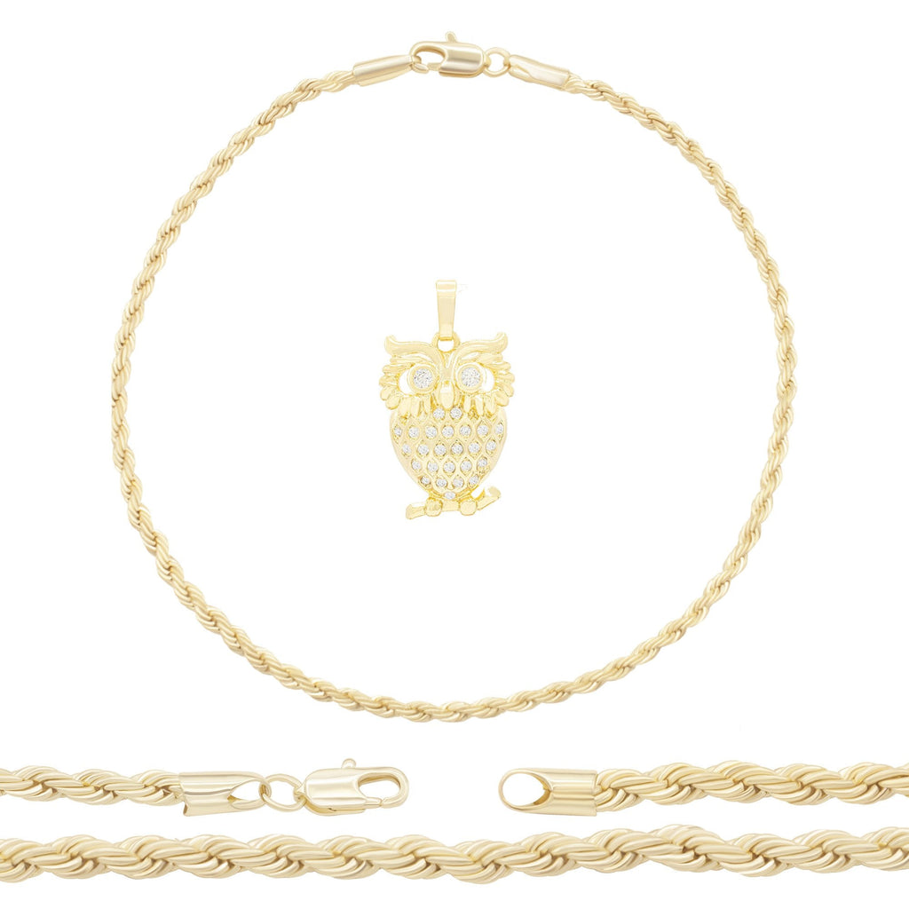 Owl Pendant 14K Anklet Gold Filled Cubic Zirconia Charm Rope Chain Set 10" WomenJewelry