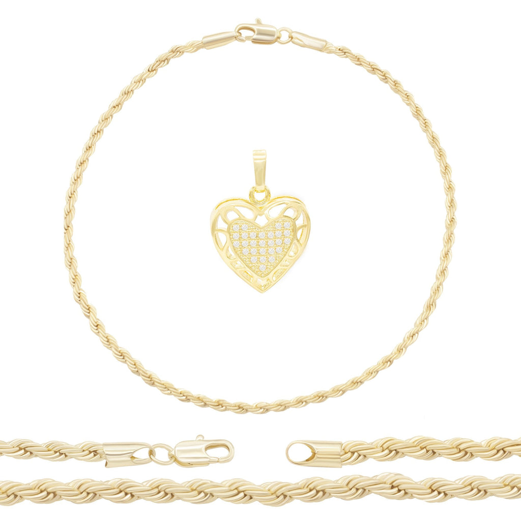 CZ Heart Charm 14K Gold Filled Rope Anklet 10" Chain Women Jewelry