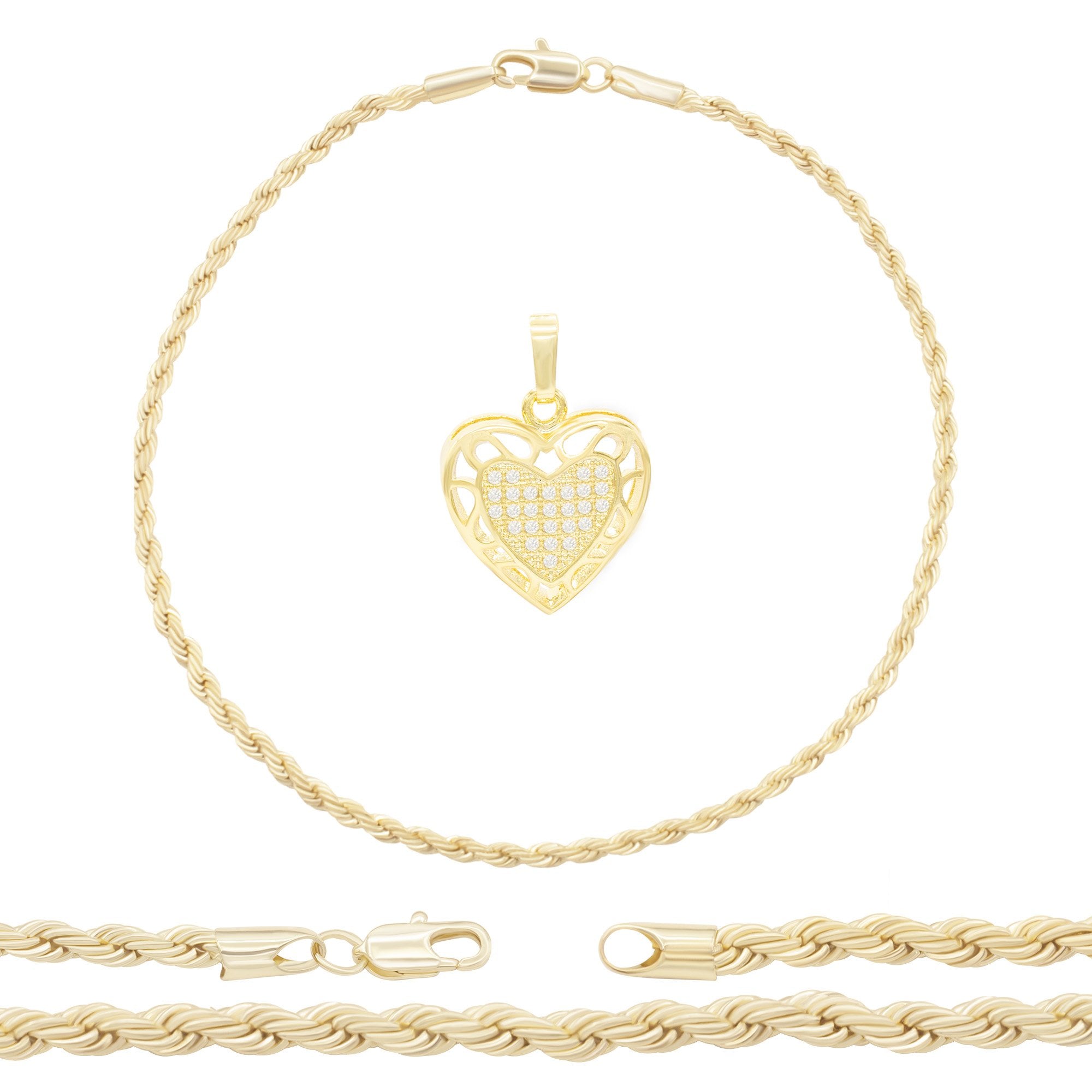 CZ Heart Charm 14K Gold Filled Rope Anklet 10" Chain Women Jewelry