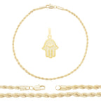 Hamsa Hand Pendant 14K Anklet Gold Filled Cubic Zirconia Charm Rope Chain Set 10" Women Jewelry