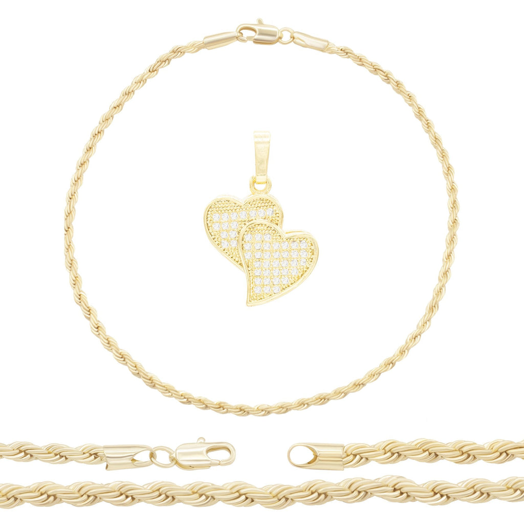 CZ Heart Charm 14K Gold Filled Rope Anklet 10" Chain Women Jewelry