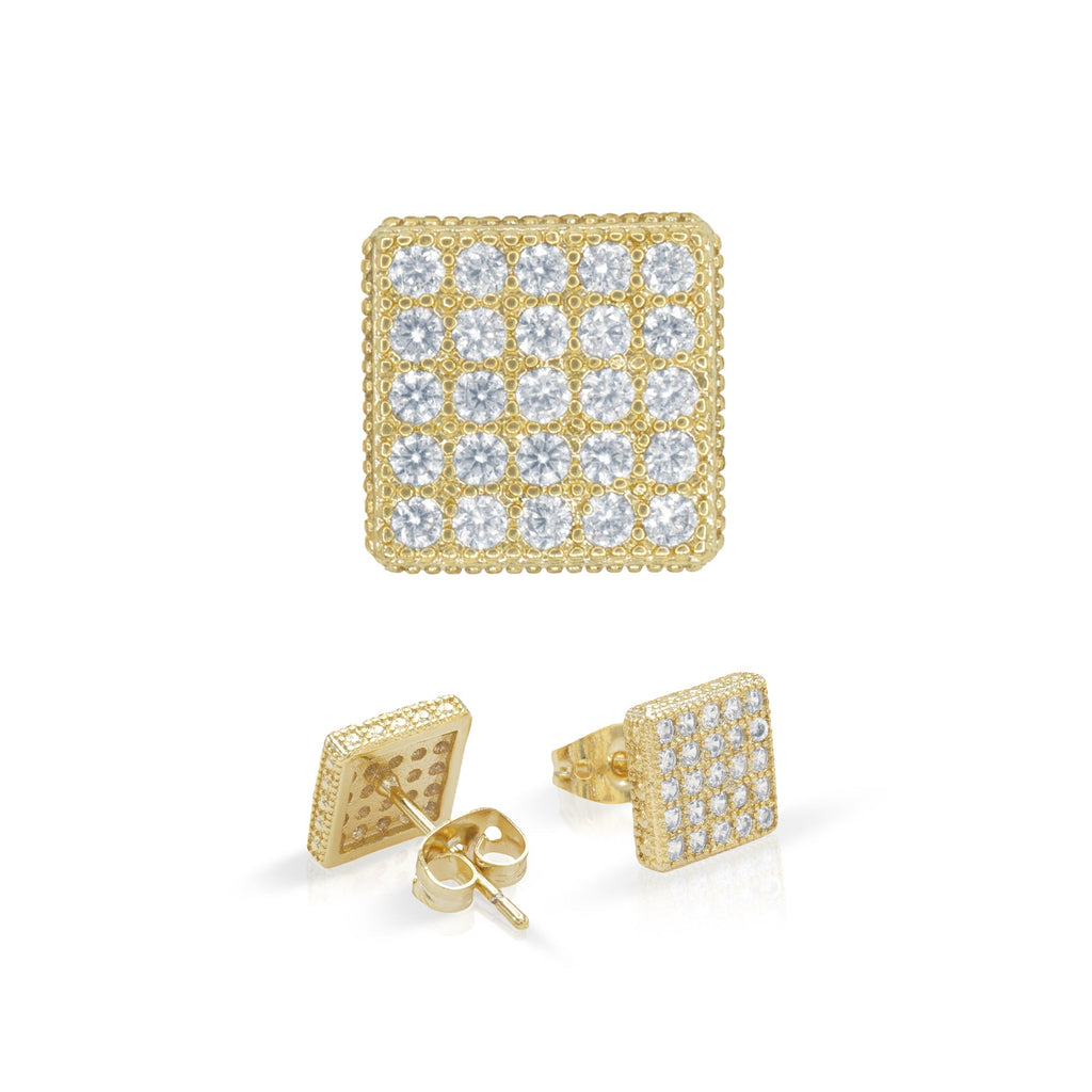 Square 17 Cubic Zirconia Earrings 14K Gold Filled Silver Hip Hop Studs Jewelry Women Men