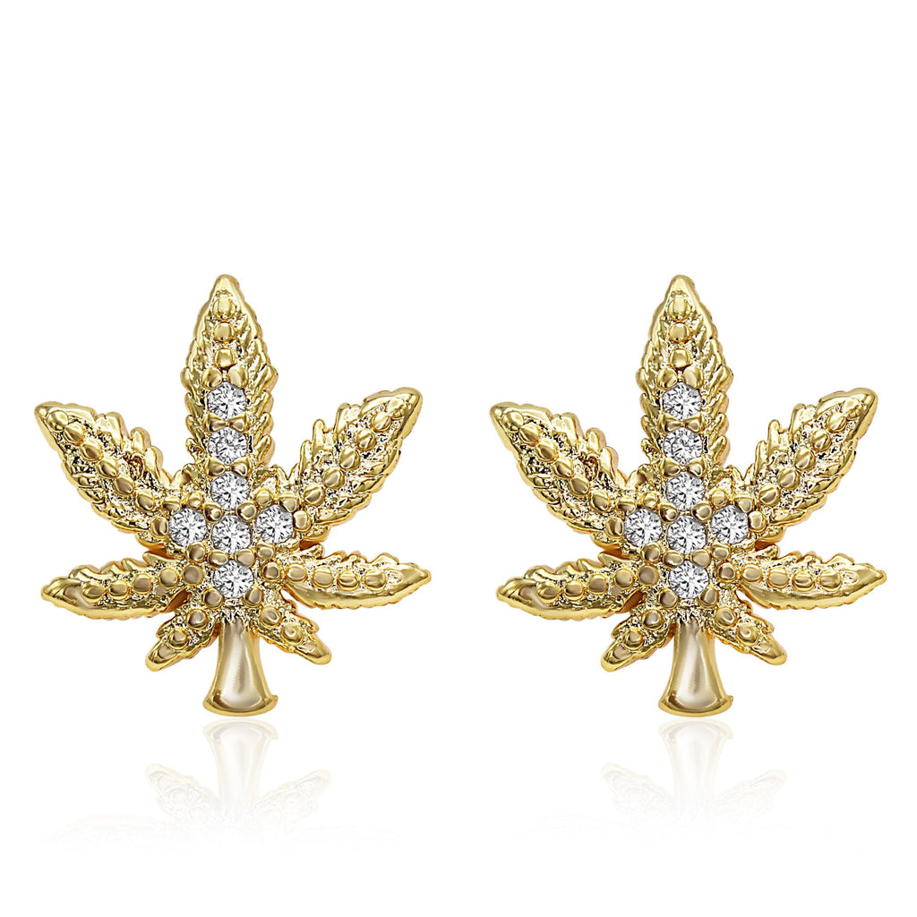 Cannabis Leaf Stud 14K Gold Plated CZ Stud Earrings Cubic Zirconia Jewelry Men and Women