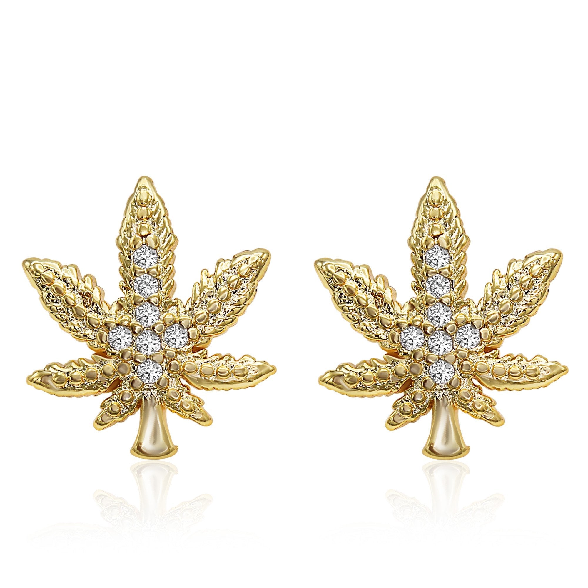 Cannabis Leaf Stud 14K Gold Plated CZ Stud Earrings Cubic Zirconia Jewelry Men and Women