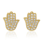 Hamsa Hand Stud 14K Gold Plated Stud Earrings Cubic Zirconia Jewelry Men Women