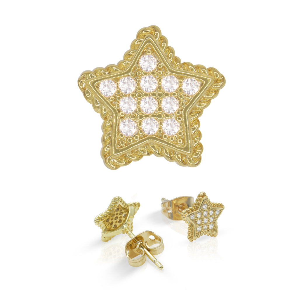 Star 14K Gold Filled Silver Earrings Cubic Zirconia Hip Hop Studs Jewelry Men Women