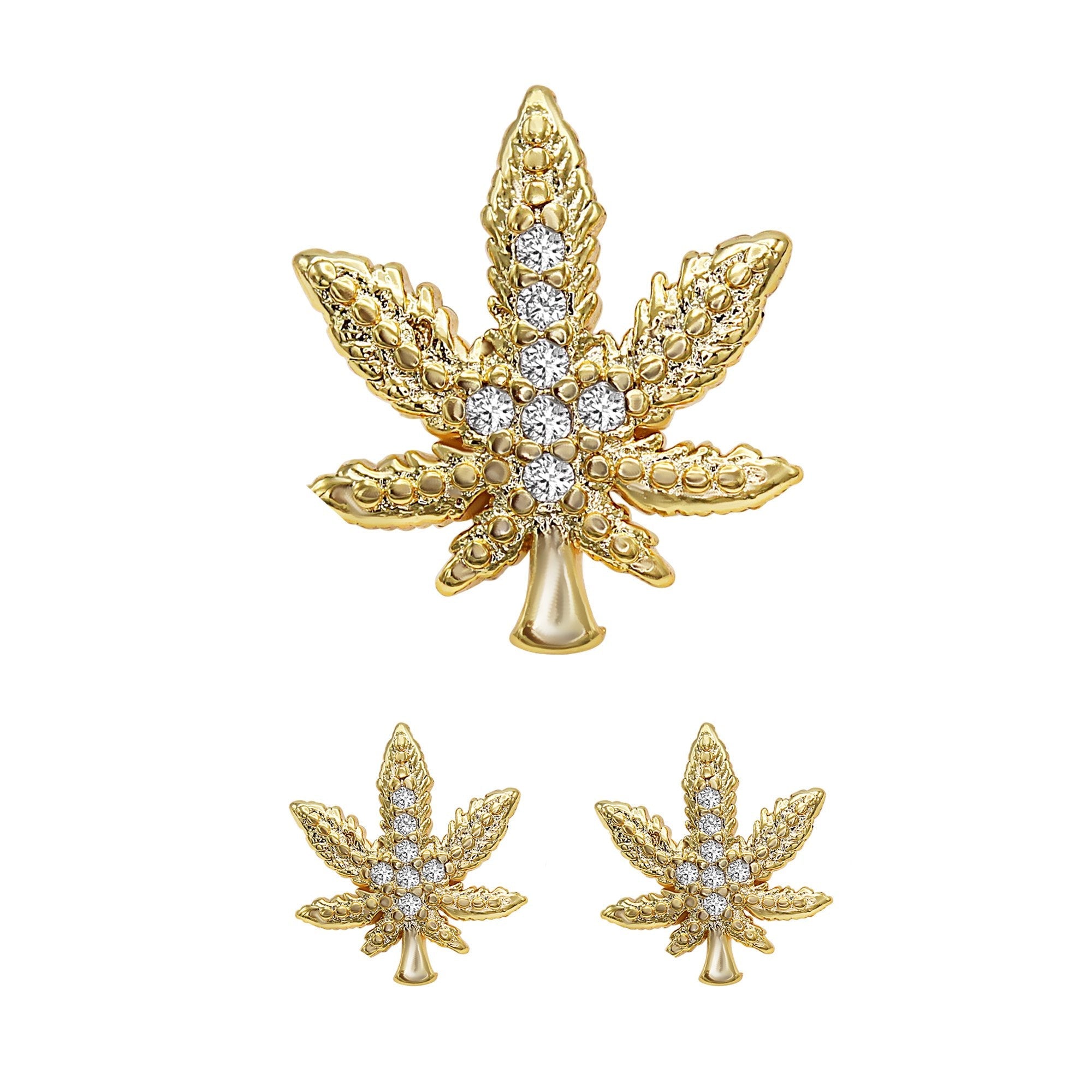 Cannabis Leaf Stud 14K Gold Plated CZ Stud Earrings Cubic Zirconia Jewelry Men and Women