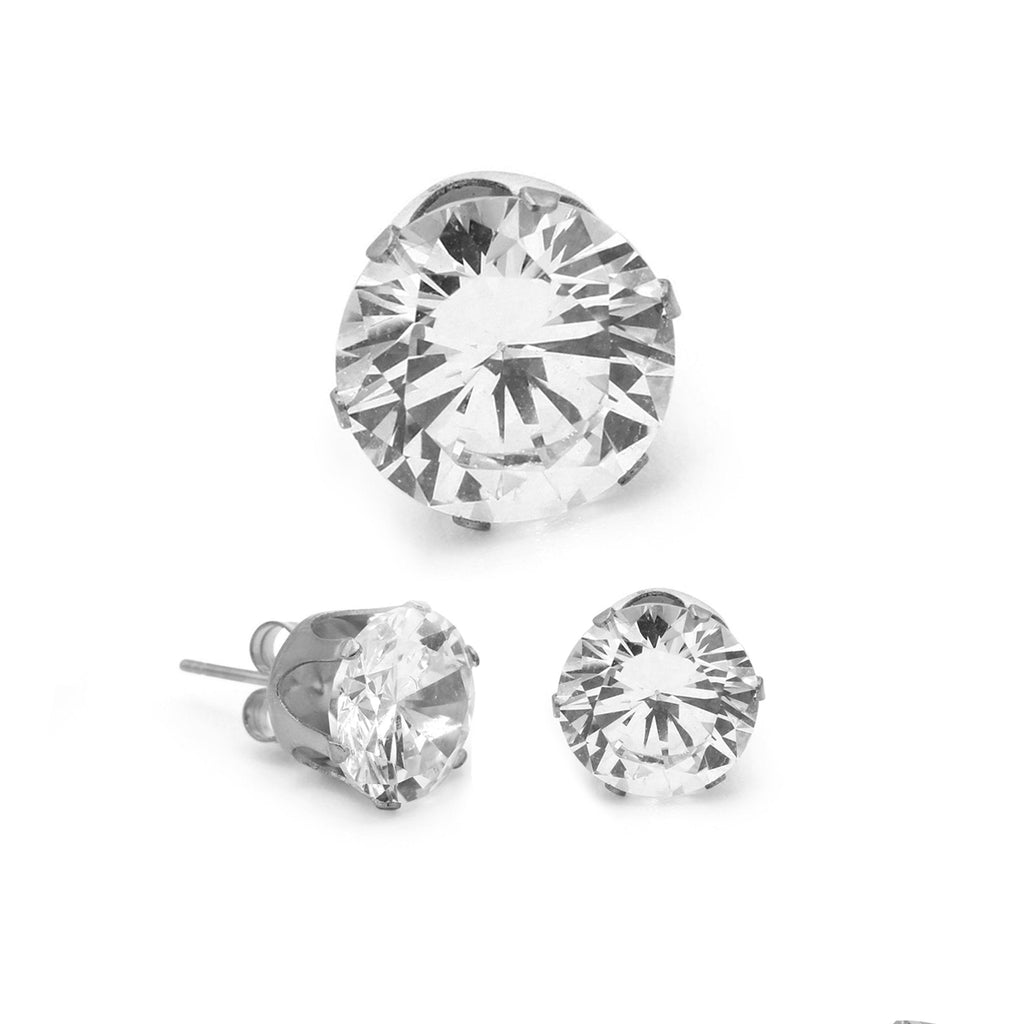 Cubic Zirconia Round Stud Earrings Stainless Steel Silver Jewelry Men Women