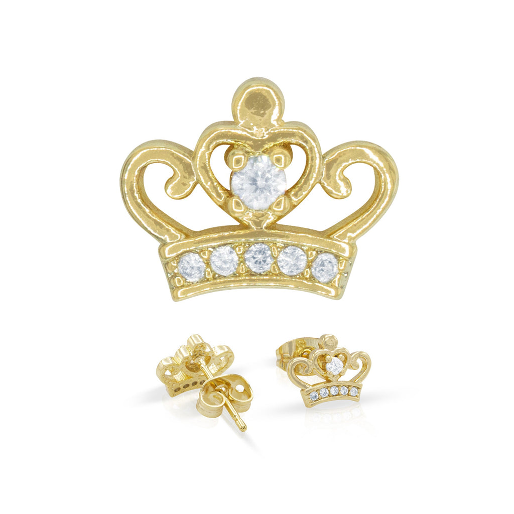 Crown 2  Earrings Cubic Zirconia Hip Hop 14K Gold Filled Silver Studs Jewelry Women