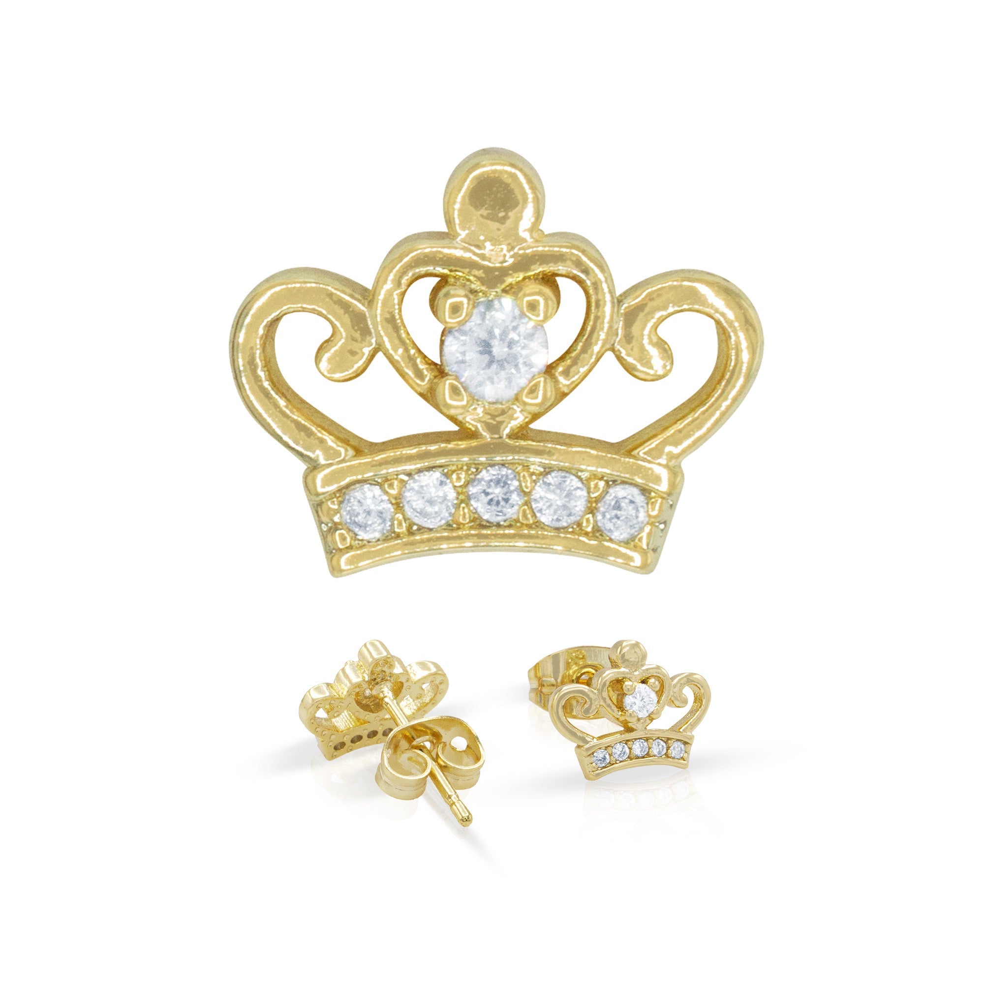 Crown 2  Earrings Cubic Zirconia Hip Hop 14K Gold Filled Silver Studs Jewelry Women