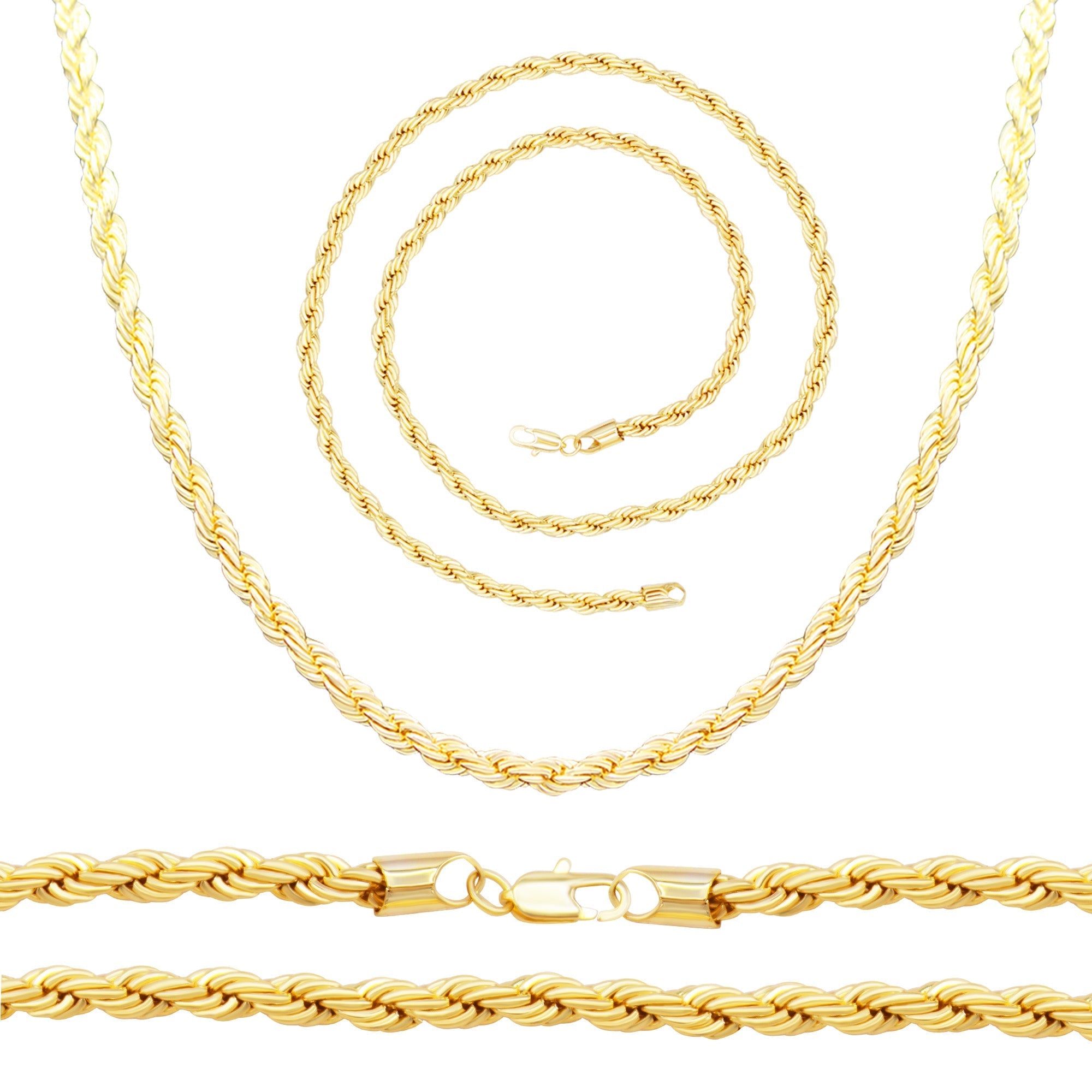 14K Gold Filled Rope Chain Necklace 24" Bracelet 8.5" Set for Men 5 - 6 mm