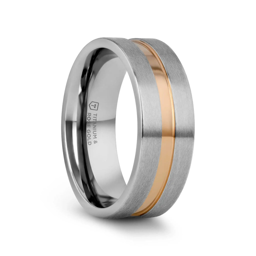 MARS Titanium Flat Brushed Finished Men's Wedding Ring With Rose Gold Plated Groove Center - 8mm