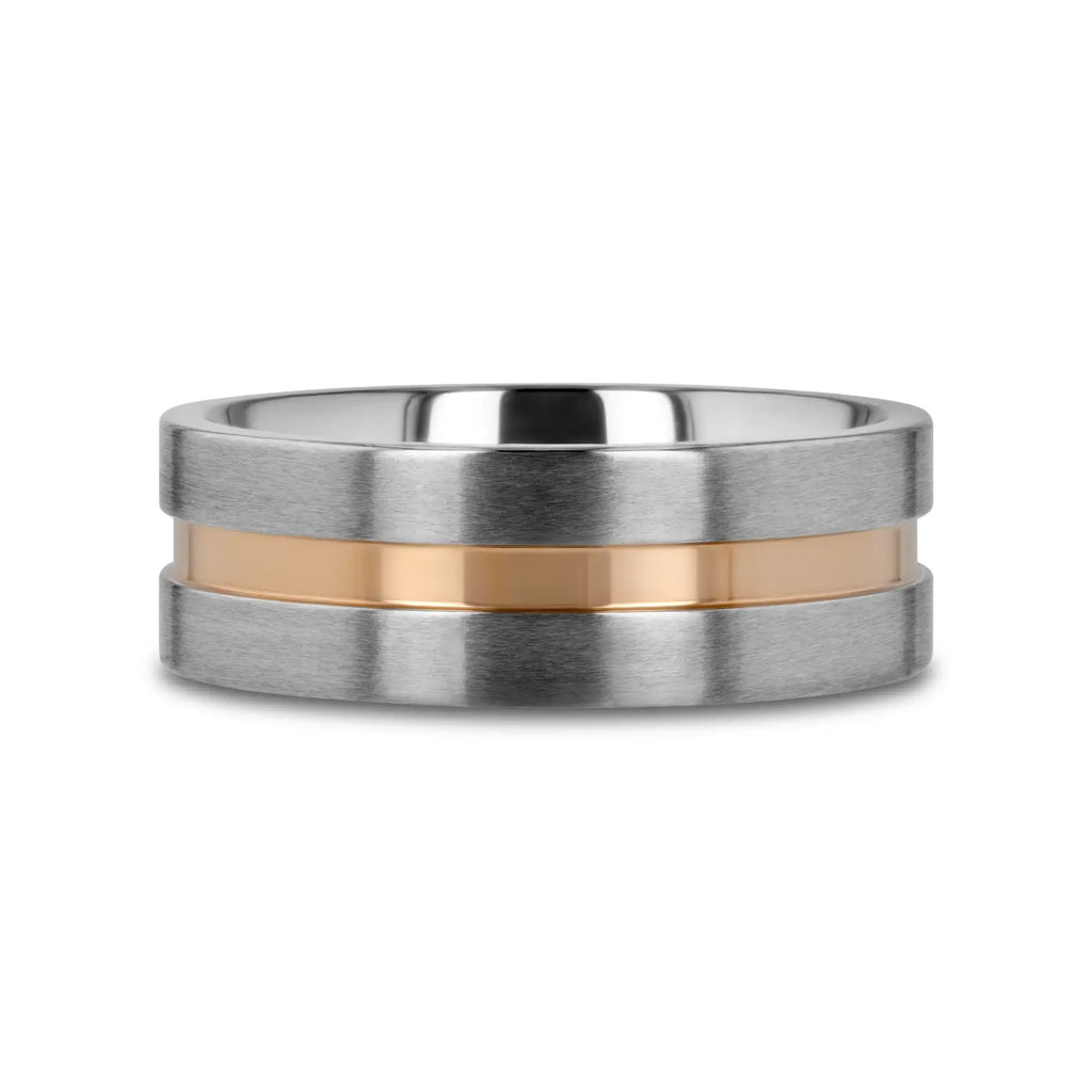 MARS Titanium Flat Brushed Finished Men's Wedding Ring With Rose Gold Plated Groove Center - 8mm
