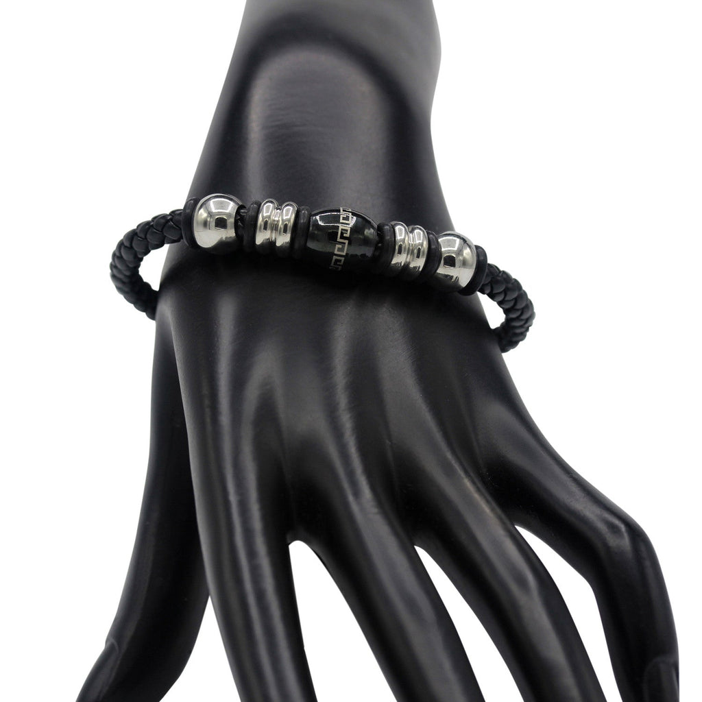 Decorative Leather Bracelet Stainless Steel Accents Magnetic Clasp (Silver/Black)