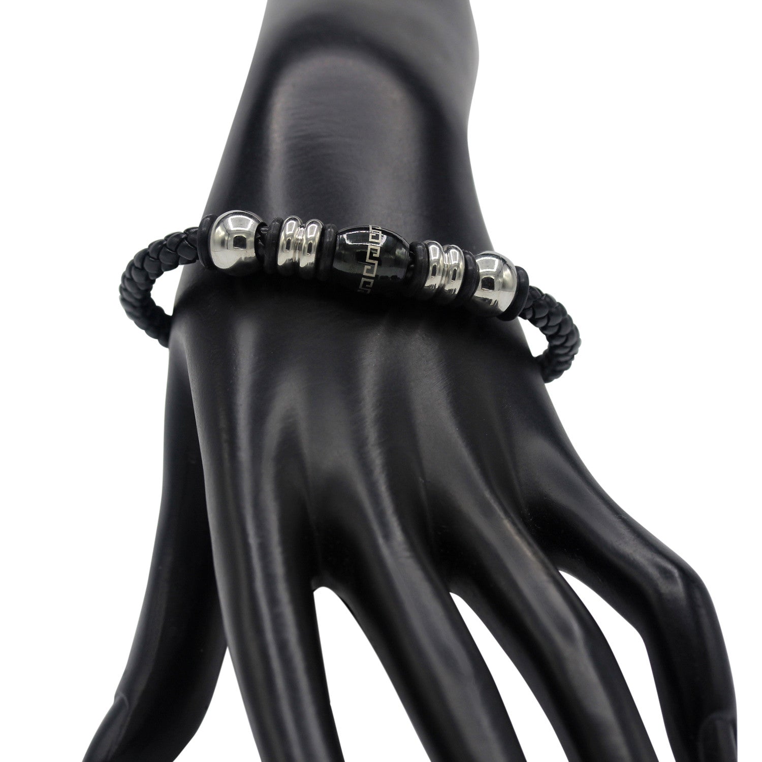 Decorative Leather Bracelet Stainless Steel Accents Magnetic Clasp (Silver/Black)