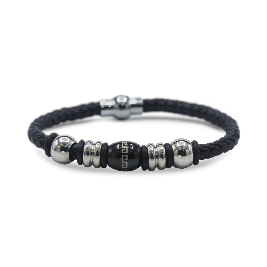 Decorative Leather Bracelet Stainless Steel Accents Magnetic Clasp (Silver/Black)