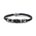 Decorative Leather Bracelet Stainless Steel Accents Magnetic Clasp (Silver/Black)
