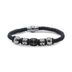 Decorative Leather Bracelet Stainless Steel Accents Magnetic Clasp (Silver/Black)