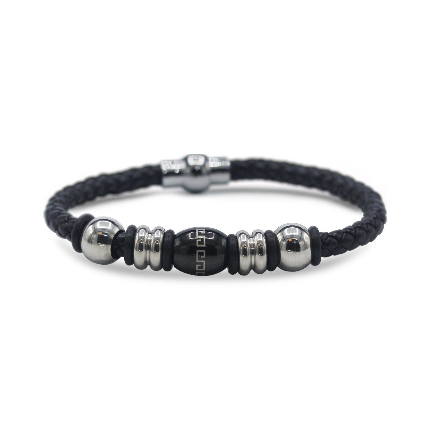 Decorative Leather Bracelet Stainless Steel Accents Magnetic Clasp (Silver/Black)