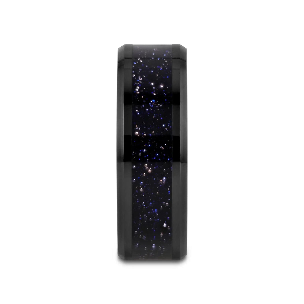 MELO Black Ceramic Beveled Polished Men’s Wedding Band with Purple Goldstone Inlay - 8mm
