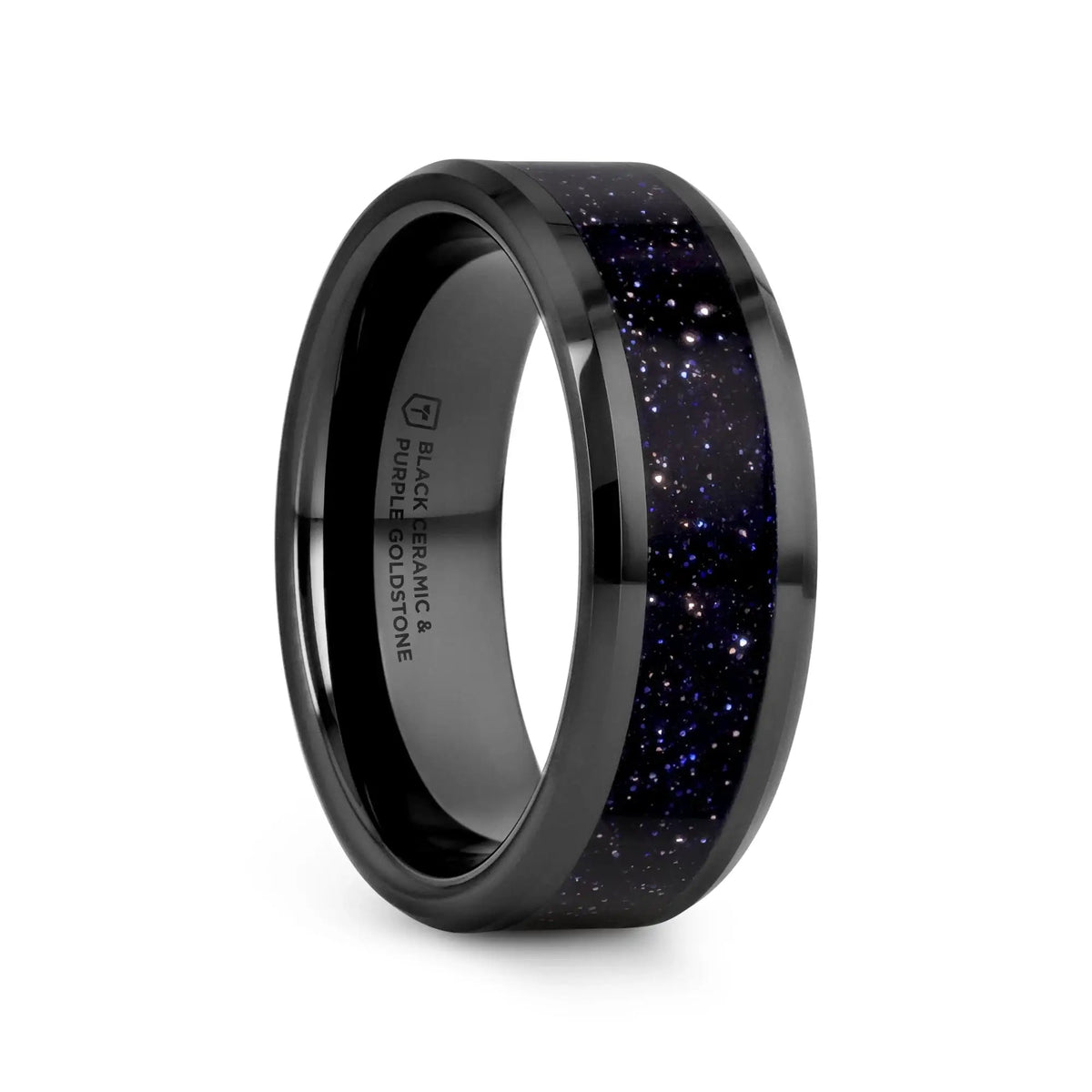 MELO Black Ceramic Beveled Polished Men’s Wedding Band with Purple Goldstone Inlay - 8mm