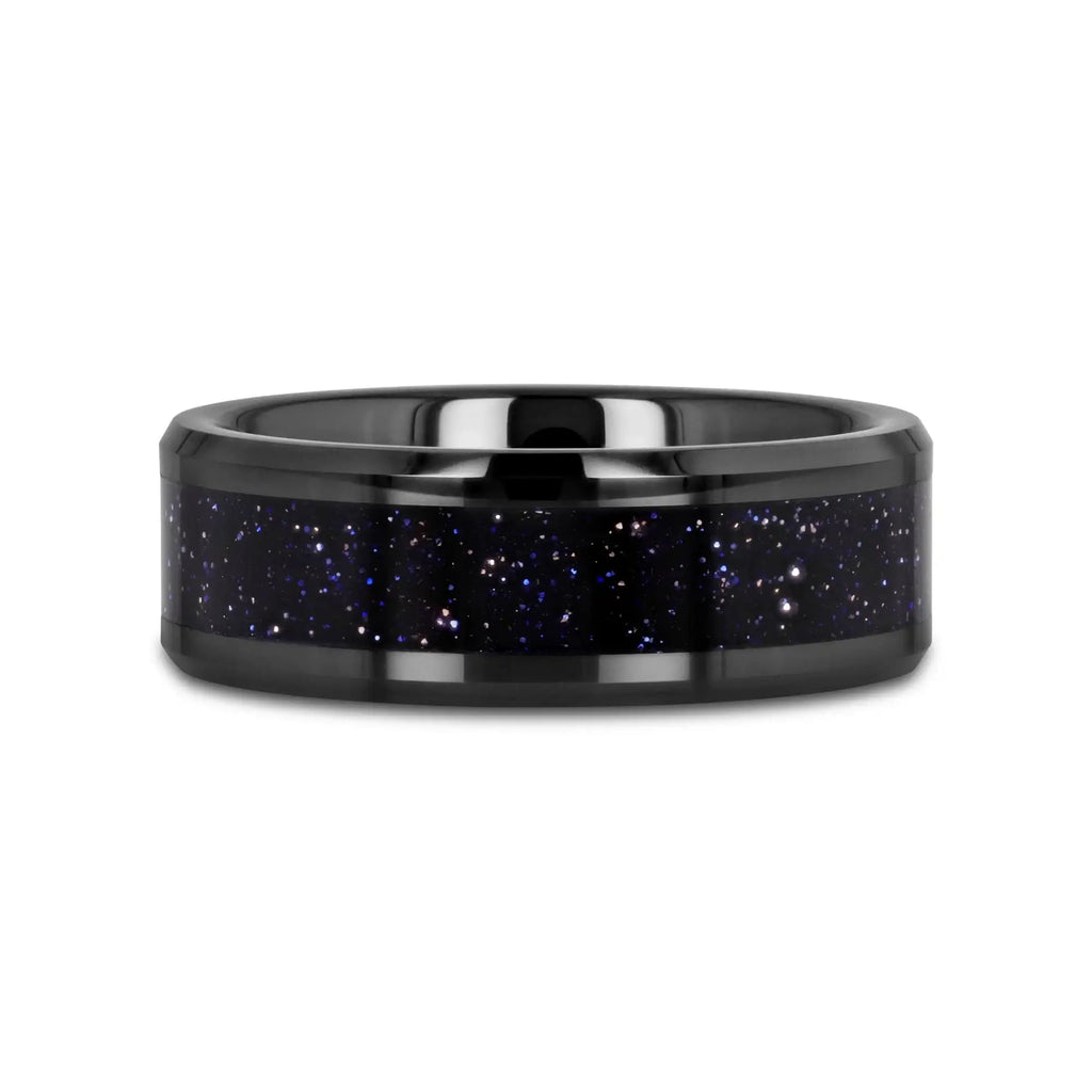 MELO Black Ceramic Beveled Polished Men’s Wedding Band with Purple Goldstone Inlay - 8mm