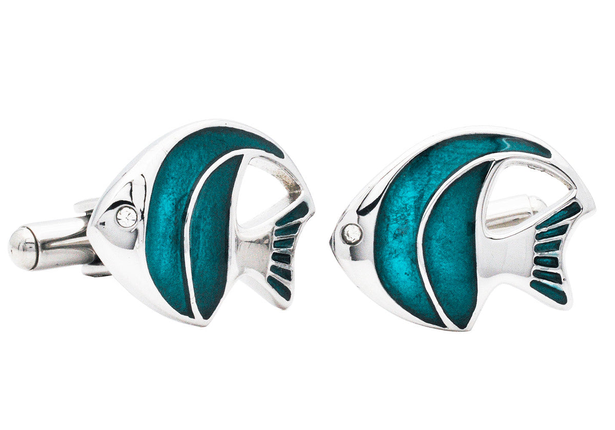 Men's Tropical Fish Stainless Steel Cuff Links w/ Cubic Zirconia
