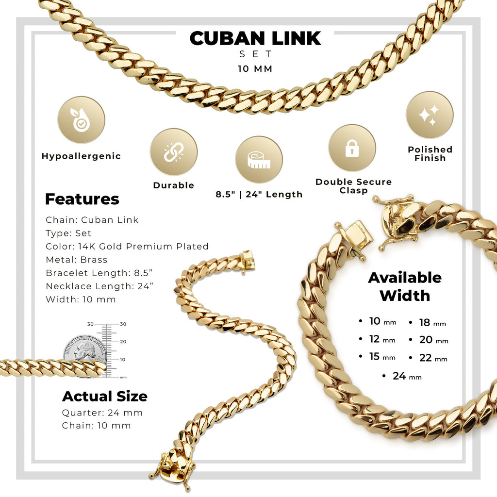 Miami Cuban Link Chain Set Necklace and Bracelet 14K Gold Premium Plated 10-24mm Men Jewelry 24 inch 8.5 inch