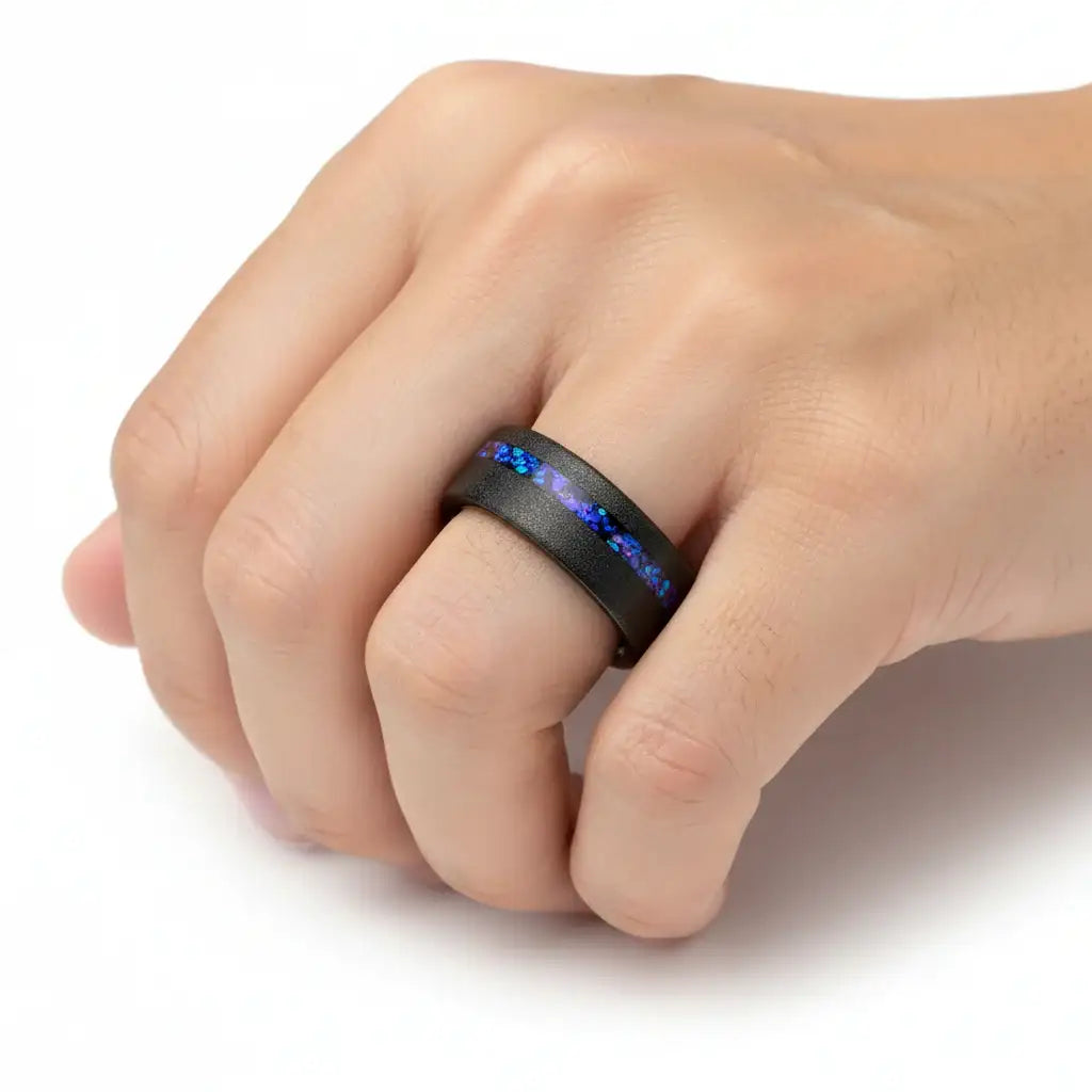 MIRAGE Sandblasted Black Tungsten Ring with Crushed Alexandrite and Dark Blue/Purple Crushed Goldstone – 8mm