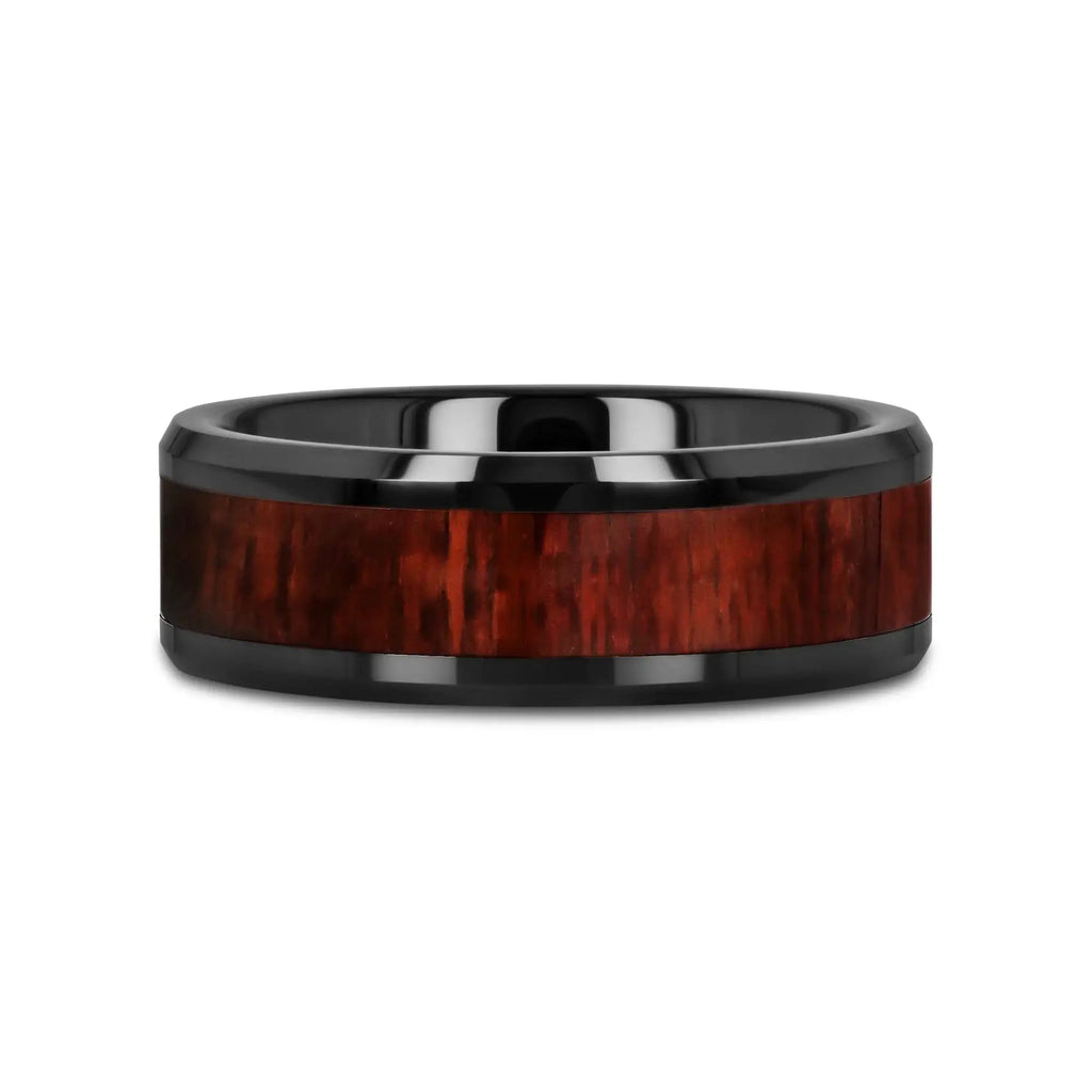 MORADO Purple Heart Wood Inlaid Black Ceramic Ring with Beveled Edges - 8mm