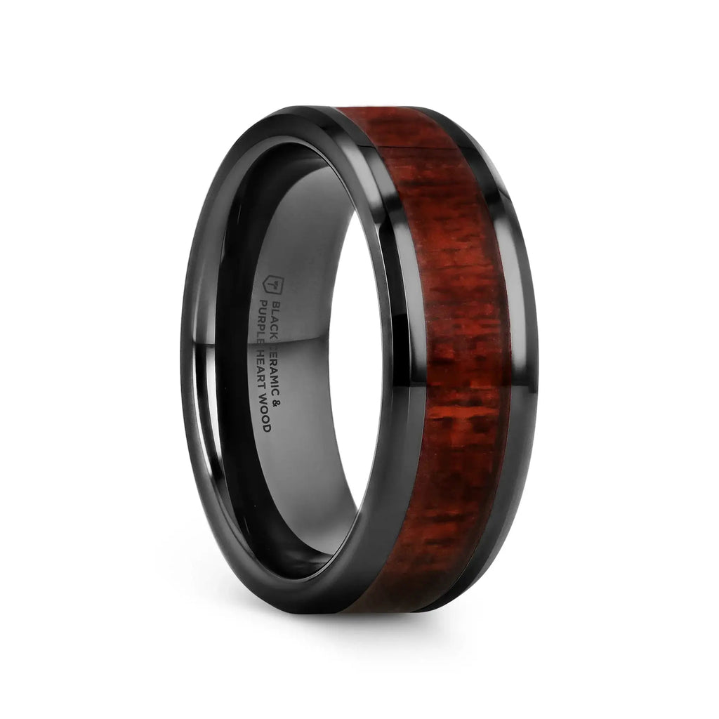 MORADO Purple Heart Wood Inlaid Black Ceramic Ring with Beveled Edges - 8mm