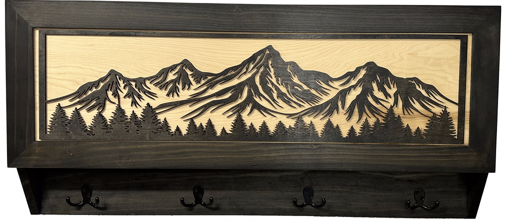 Mountain & Tree Wooden Coat Rack with Hidden Gun Storage Compartment