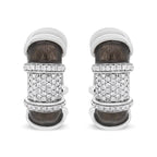 18K White Gold Flash Plated .925 Sterling Silver Clear Graphite Grey Enamel 5/8 Cttw Round Diamonds Huggie Hoop Earrings (F-G Color, VS1-VS2 Clarity)
