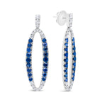 18K White Gold 1.11 Cttw Blue Round Diamond and Blue Sapphire Openwork Oval Shaped Dangle Earrings (F-G Color, VS1-VS2 Clarity)