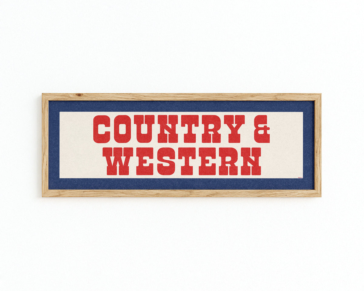 Framed COUNTRY & WESTERN Sign White & Red / Blue Art Print