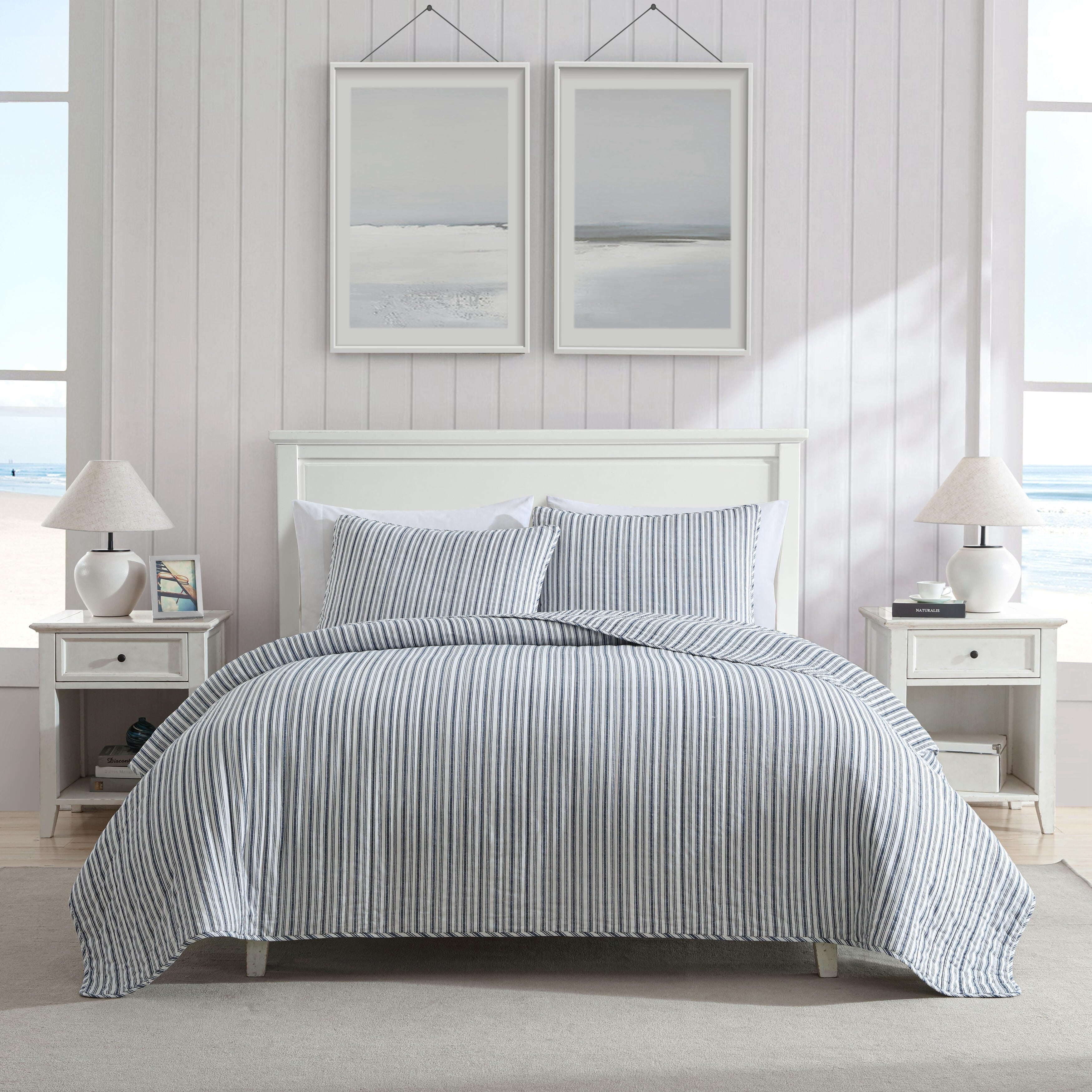 Nautica Coleridge Blue Vertical Stripes Reversible Cotton Quilt 3 Piece Set