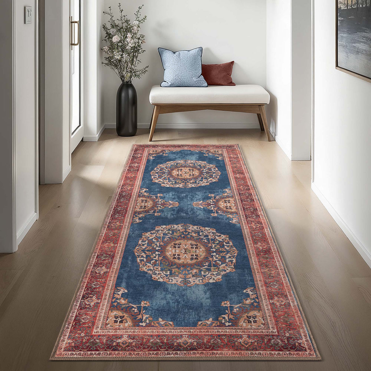 Navy Blue Brick Oushak Area Washable Rug
