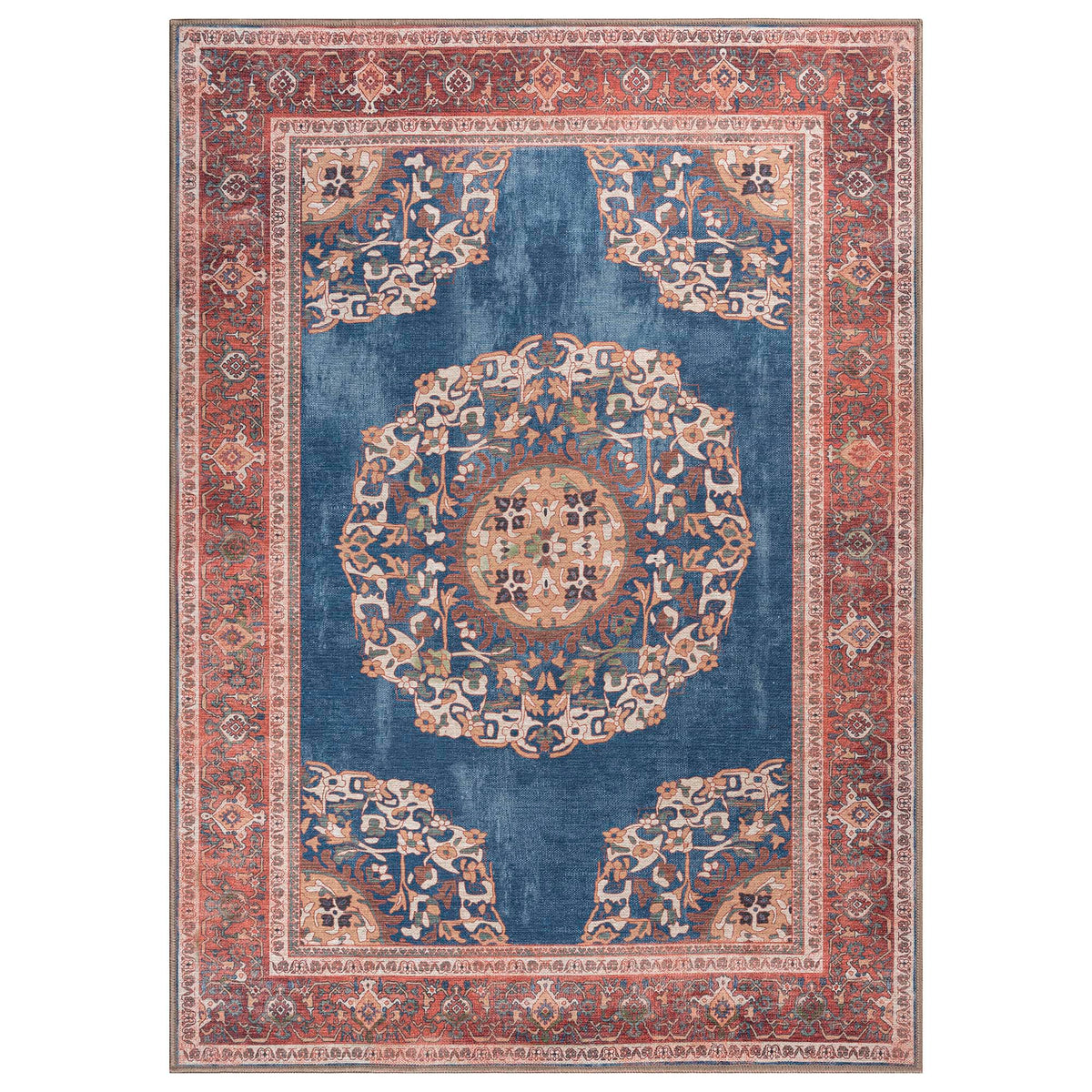 Navy Blue Brick Oushak Area Washable Rug